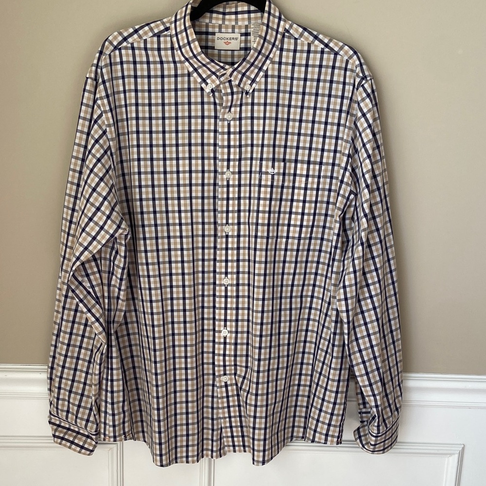 Dockers Men's Navy and Cream Plaid Shirt XL